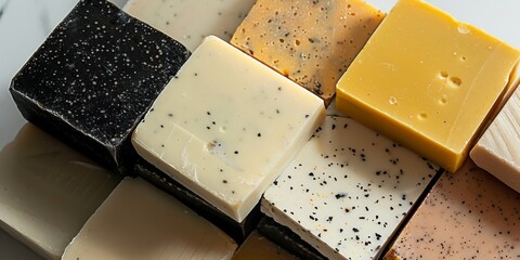 A vibrant assortment of handcrafted artisan soaps arranged in a visually appealing pattern showcasing various textures and colors at a local craft fair during the afternoon light
