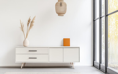 Contemporary sideboard in a bright, cosy space with a large window next to it and serene decor elements