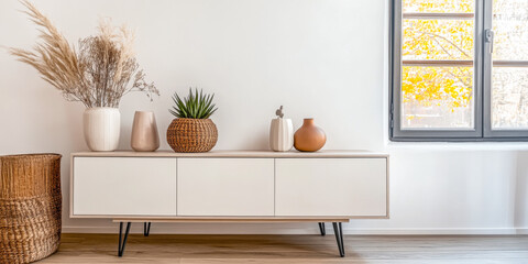Contemporary sideboard in a bright, cosy space with a large window next to it and serene decor elements