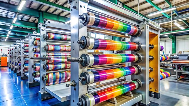 Modern industrial flexo printing press machine with metal rollers and colorful ink cylinders, used for label and packaging production in factory setting.