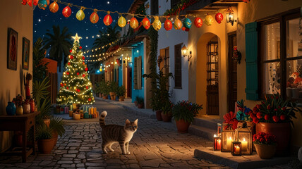 Christmas in Mexico, festive atmosphere vibrant Poinsettia decorations twinkling lights and traditional Mexican elements