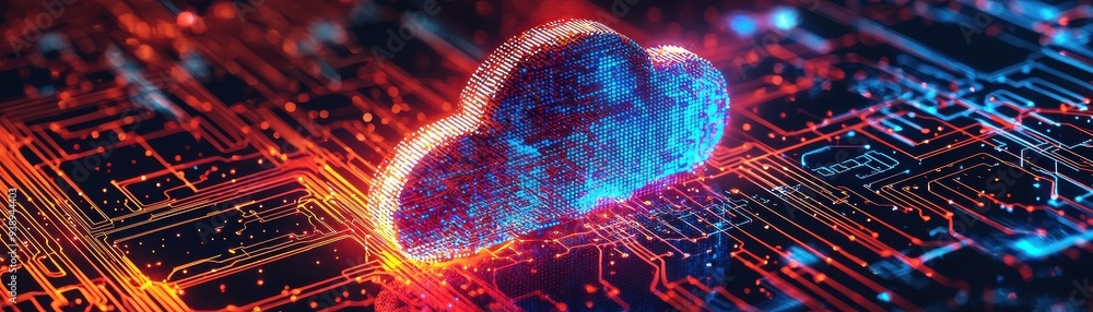 Poster a vibrant cloud symbol overlaid on a digital circuit background, representing modern technology and 