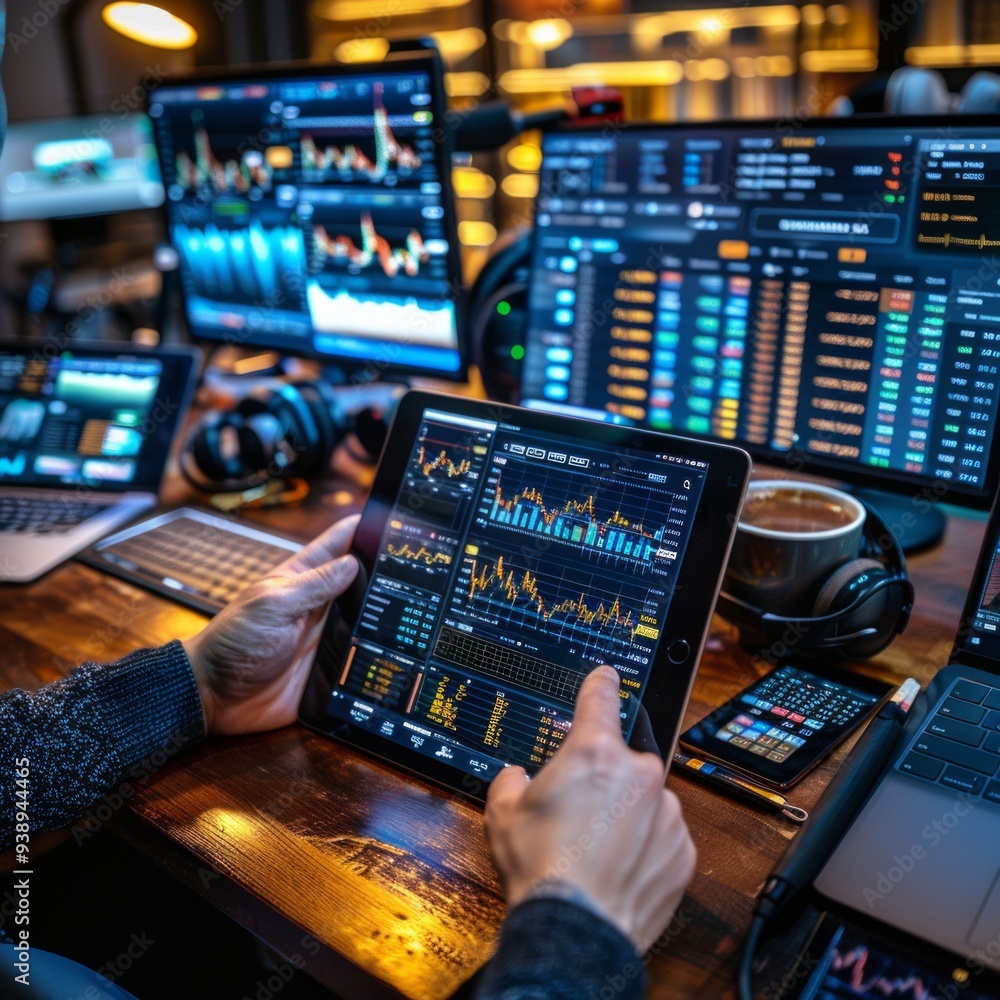 Poster a trader focuses on stock market analytics using an ipad among various digital devices and tools at 