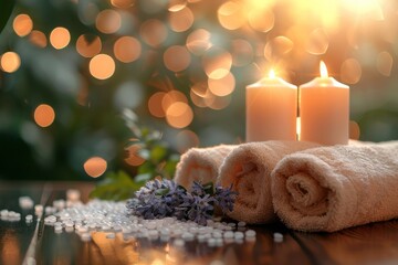 Relaxing spa setup with candles, lavender, and rolled towels illuminated by warm light for a soothing ambiance in a tranquil setting