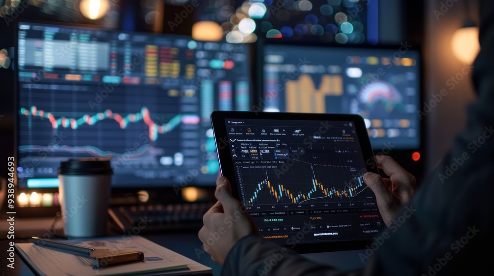 Aufkleber a trader closely examines various financial charts on a tablet amidst several monitors filled with m