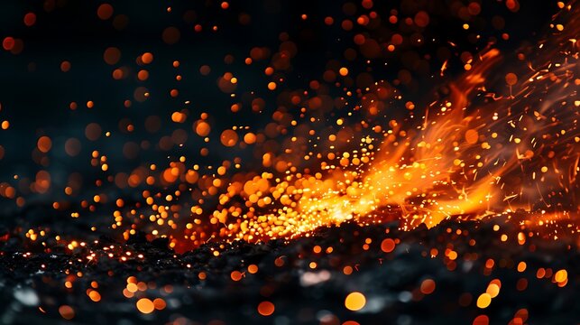 Abstract backgrund of sparks and fire line of molten metal from the burning of iron at night