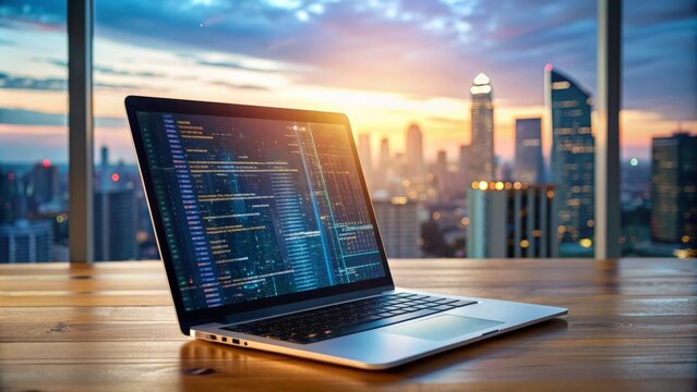Modern laptop screen displaying website development process with coding scripts and wireframes on a blurred cityscape background, representing digital innovation and online presence.