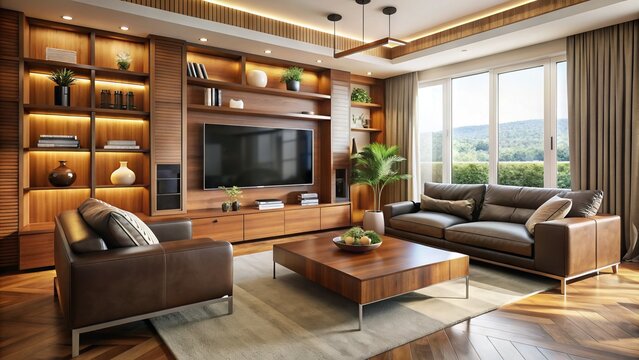 Modern living room with sleek brown leather sofa, large screen TV mounted on wall, and sleek wooden entertainment center with built-in shelves.