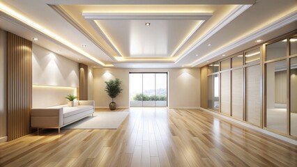 Modern minimalist interior with a smooth, creamy white ceiling and subtle lighting, creating a sense of calmness and serenity in the empty room space.