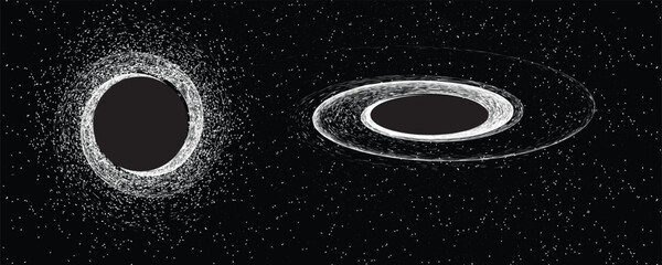 Black hole with disc of plasma eating dying star in space. Supermassive singularity in core off a galaxy, with noise texture . Event horizon .Vector illustration