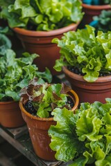 Fresh leafy greens growing in terracotta pots on a gardening shelf, showcasing vibrant lettuce varieties in a sunny indoor setting for home gardening enthusiasts