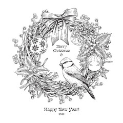 Christmas wicker wreath with tit bird, twig and holly berries, mistletoe, balls, bow. Black white. Hand drawn elements Vector vintage holidays illustration for design greeting card, new year decor