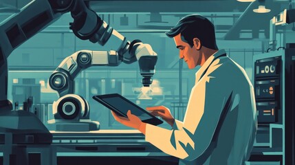 Man with tablet and robot arm in a factory