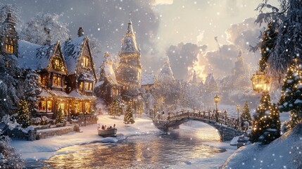Snowy Christmas Village with Bridge and River