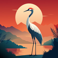 Elegant Crane at Dawn art vector illustration