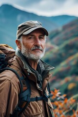 Obraz premium portrait of a middle-aged man exploring the great outdoors, dressed for hiking and surrounded by panoramic mountain views, capturing the spirit of outdoor recreation and personal achievement.