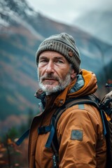 Fototapeta premium portrait of a middle-aged man exploring the great outdoors, dressed for hiking and surrounded by panoramic mountain views, capturing the spirit of outdoor recreation and personal achievement.