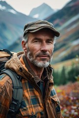 Obraz premium A middle-aged man with a beard and cap stands in front of a breathtaking mountain landscape during autumn, showcasing nature's vibrant colors in the wilderness