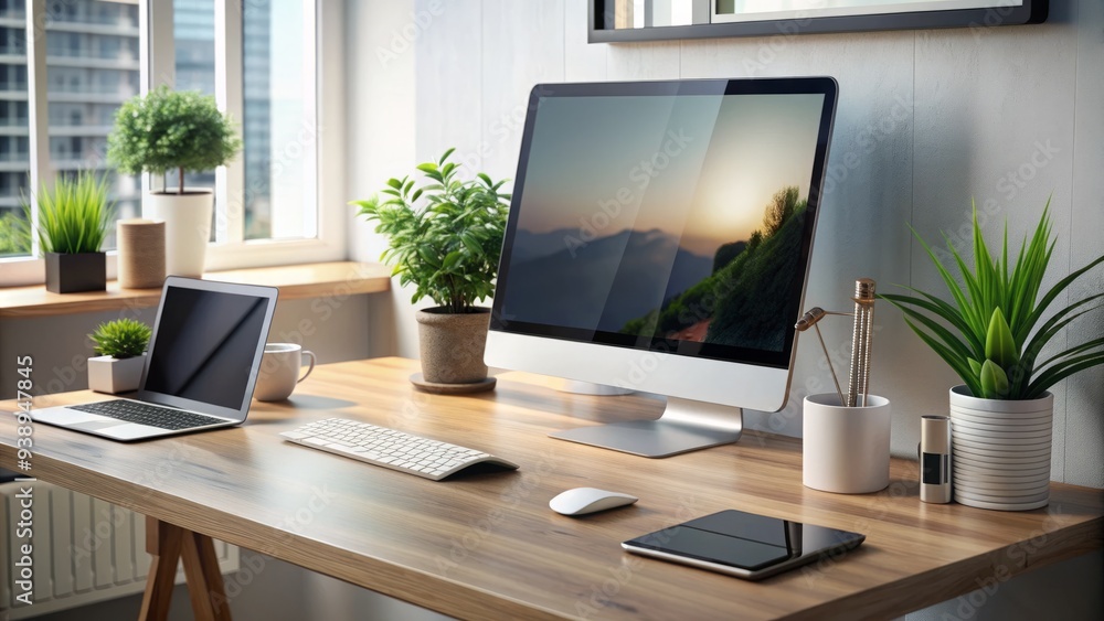 Poster modern workspace setup featuring a sleek desktop computer, tablet, and smartphone, showcasing seamle