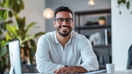 Modern office scene with a stylish Hispanic businessman working on an e-commerce startup, smiling