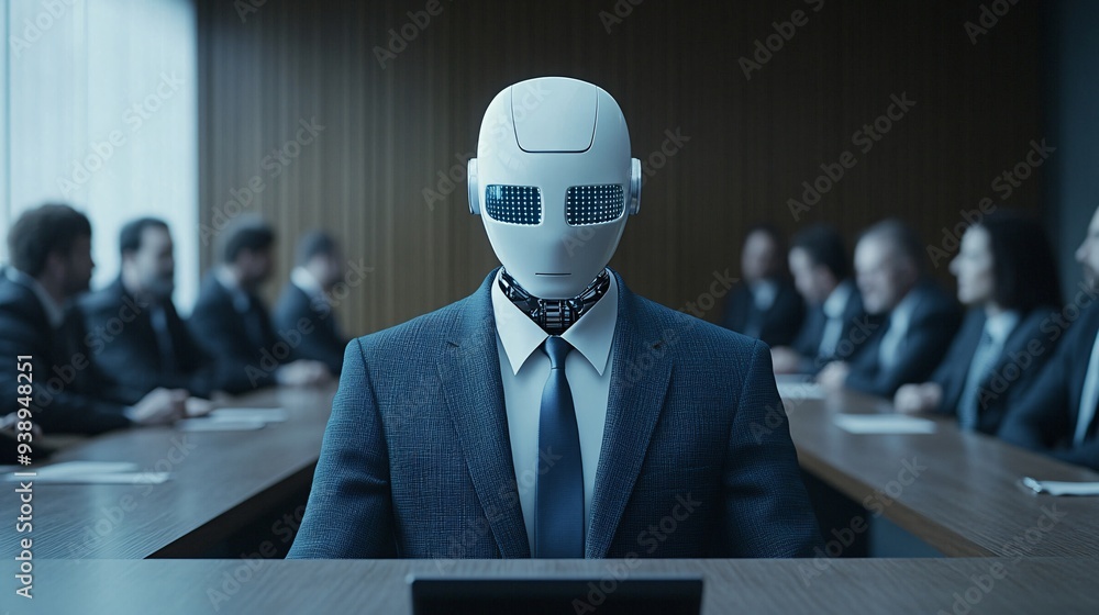 Poster a business executive robot in a tailored suit delivering a presentation to a boardroom full of profe
