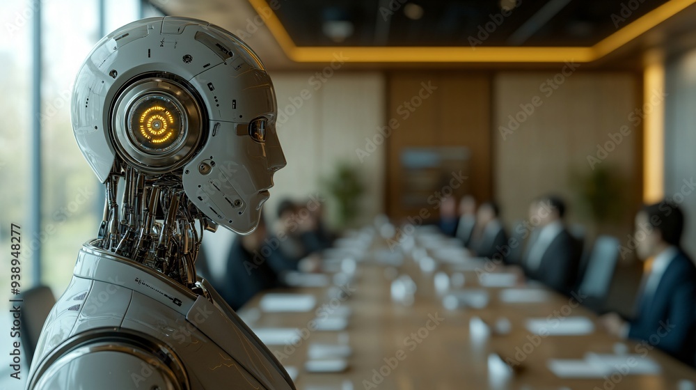 Poster a business executive robot in a tailored suit delivering a presentation to a boardroom full of profe