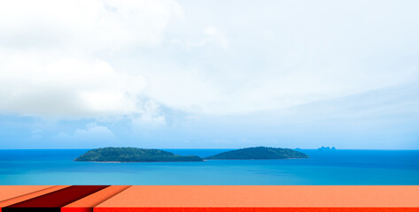 Summer background nature travel, cement table on sea blue sky, top deck mockup product beauty cosmetic presentation, stage on water island at coast backdrop tourism relax , tropical ocean ecosystem.