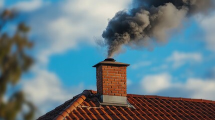 Brick chimney releasing black smoke pollution into the atmosphere