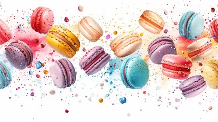 Obraz premium Colorful macarons in different flavors are spread across a bright surface sprinkled with vibrant toppings