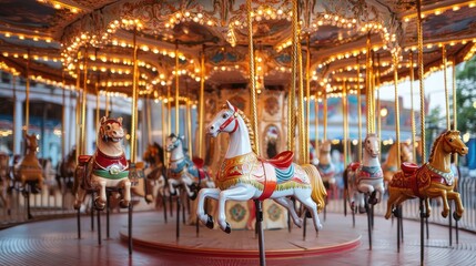 Obraz premium Vintage carousel spinning in an amusement park surrounded by autumn trees