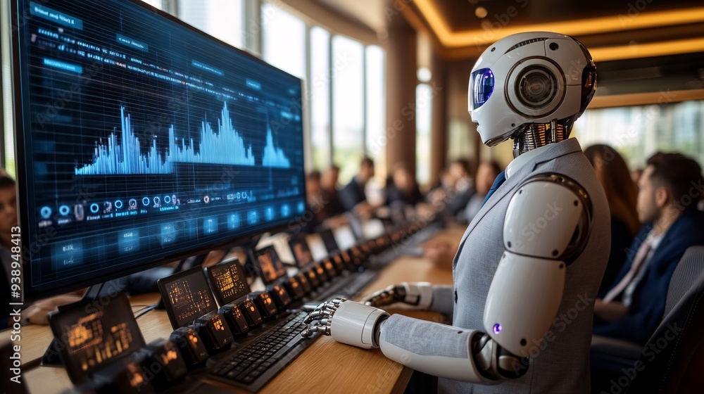 Poster A robotic executive in a business suit explaining data on a large screen during a corporate meeting representing the use of AI in business leadership Stock Photo with copy space