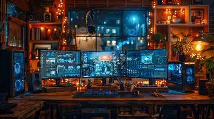 Obraz premium A cozy, ambient gaming setup with a large monitor, speakers, and atmospheric lighting, perfect for online streaming