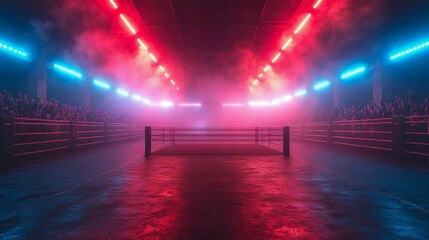 An empty boxing ring illuminated by colorful lights, with a packed crowd in the arena