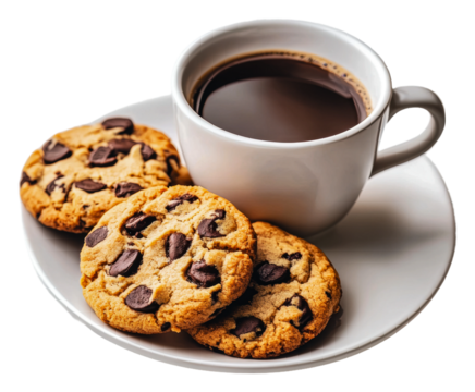 PNG Freshly baked chocolate chip cookies with coffee