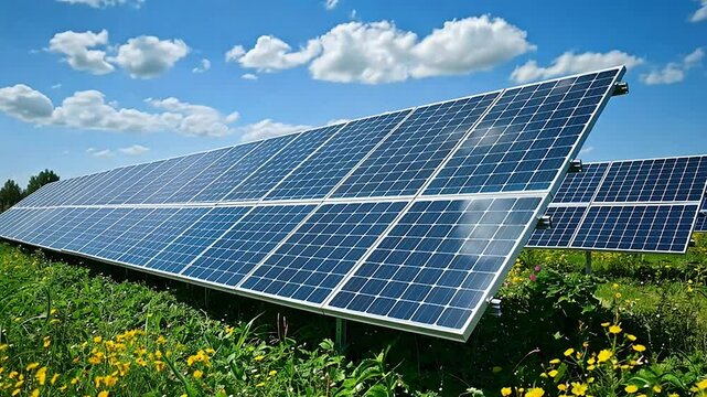 Time lapse footage of two large solar panels under the blue sky and the bright sun, 