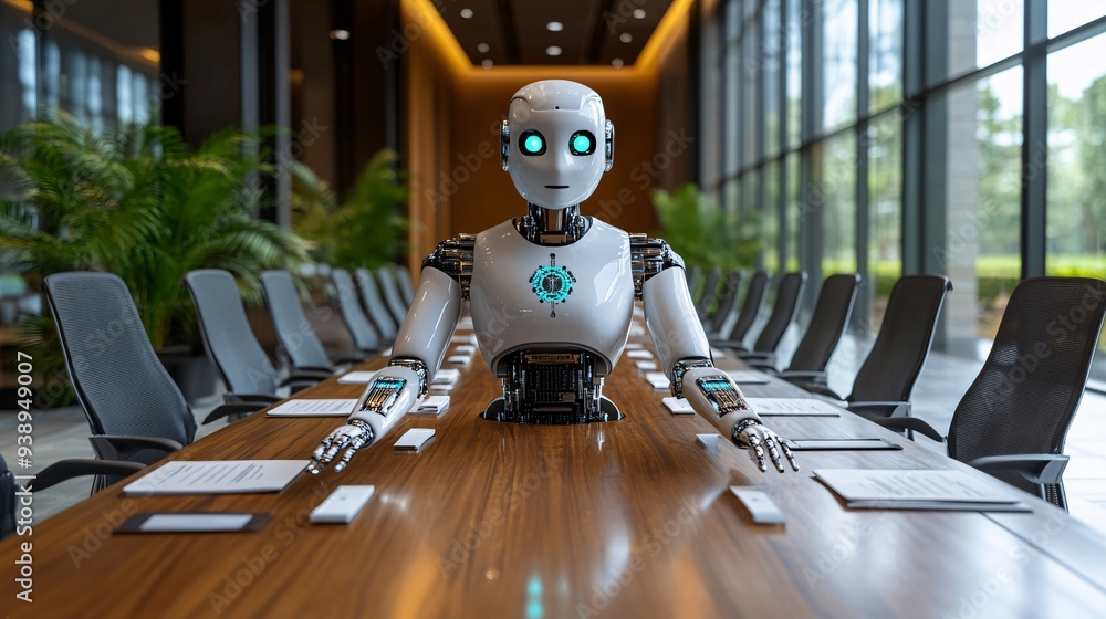 Aufkleber a robotic executive in a professional suit leading a strategic discussion in a high-tech boardroom i