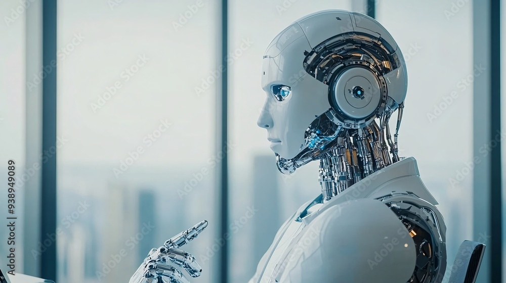 Fototapete A business executive robot using advanced analytics during a corporate meeting symbolizing the power of AI in optimizing business strategies and decision-making Stock Photo with copy space