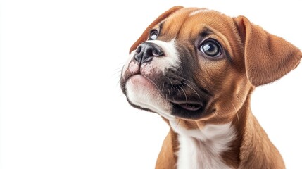 Fototapeta premium A curious puppy tilting its head on a white background, perfect for adding text or branding in the ample copy space