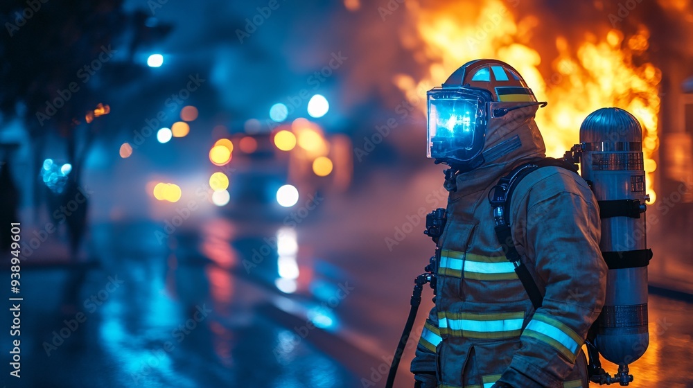 Poster A robust firefighting robot operating advanced firefighting tools to extinguish a blaze demonstrating the role of technology in enhancing safety during emergencies Stock Photo with copy space