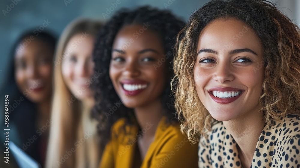 Poster Multi-ethnic group of businesswomen collaborating and smiling in office 