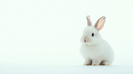Obraz premium A fluffy bunny sitting quietly on a white background, with room for copy or promotional text.