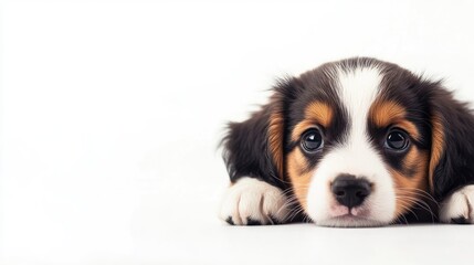 A cute puppy with floppy ears lying on a white background, with copy space available for text.