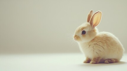 Obraz premium A fluffy bunny sitting quietly on a white background, with room for copy or promotional text.