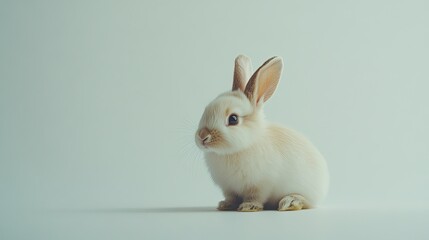 Obraz premium A fluffy bunny sitting quietly on a white background, with room for copy or promotional text.