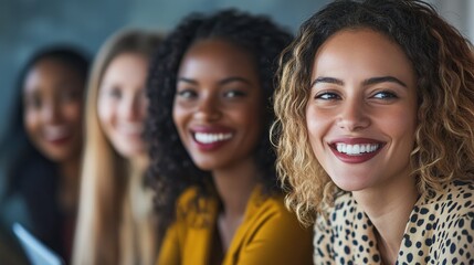 Fototapeta premium Multi-ethnic group of businesswomen collaborating and smiling in office 