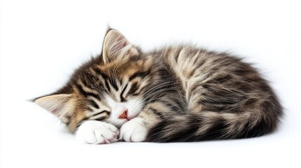 Obraz premium A fluffy kitten curled up and sleeping on a white background, with space for copy above or beside it
