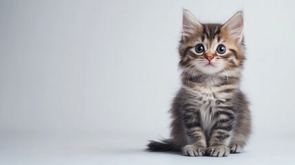 Obraz premium A fluffy kitten sitting on a white background, looking directly at the camera with ample space for copy.