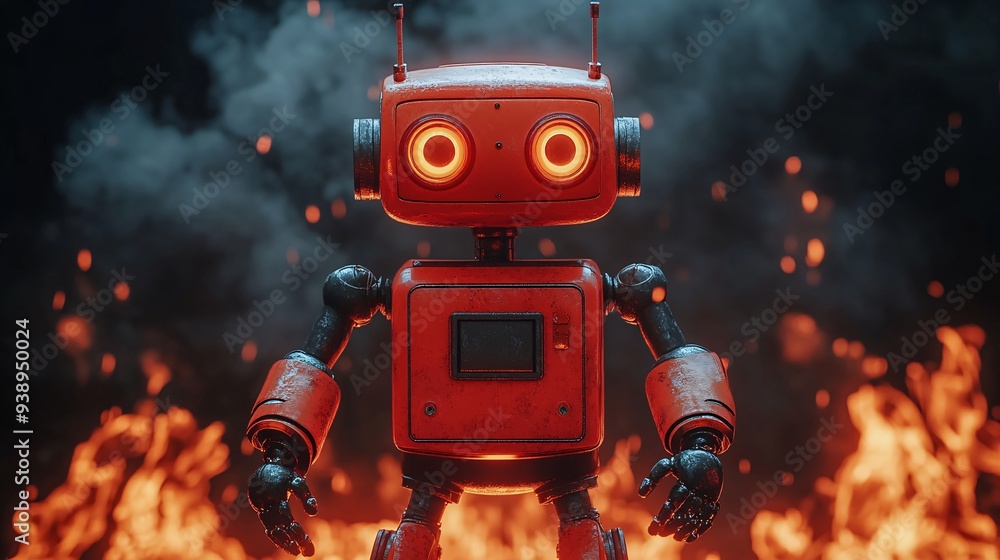 Aufkleber A firefighting android wearing protective gear while navigating through smoke and flames on a rescue mission demonstrating the resilience and capability of robotic first responders Stock Photo with