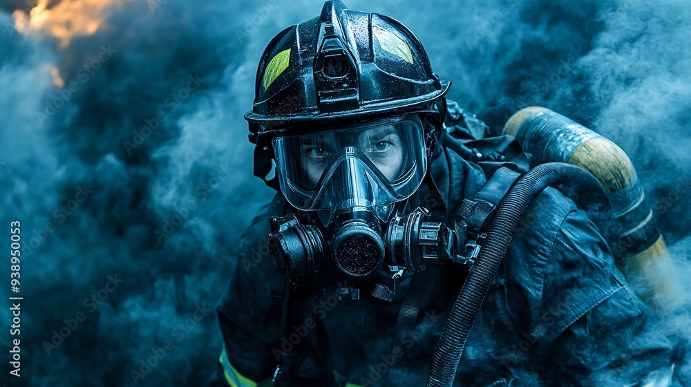 Poster A firefighting android wearing protective gear while navigating through smoke and flames on a rescue mission demonstrating the resilience and capability of robotic first responders Stock Photo with