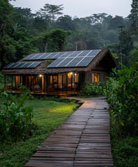 eco-lodge nestled in a lush tropical rainforest, surrounded by vibrant greenery and exotic flora, solar panels on the roof